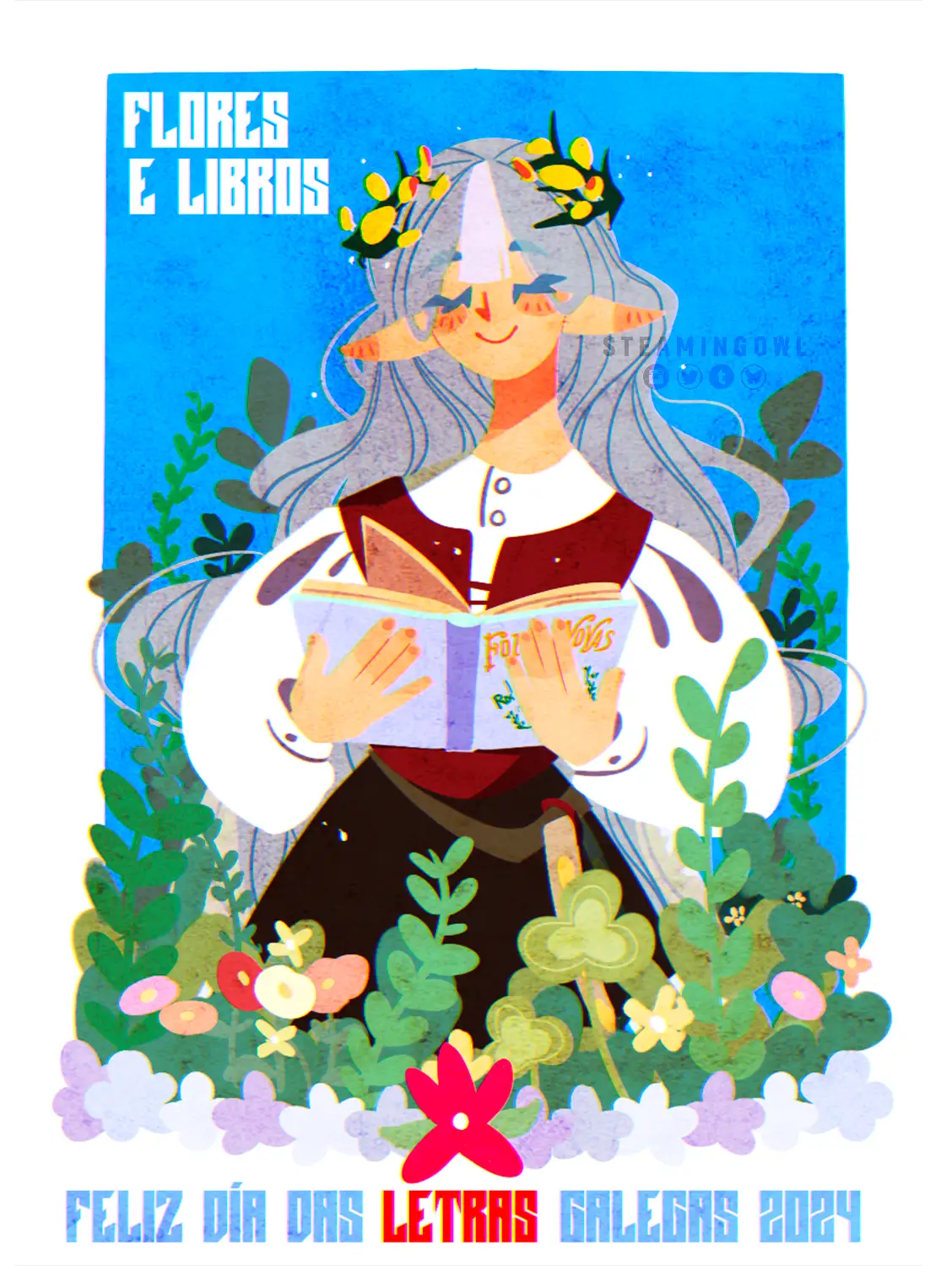 Cartel con flores de las letras gallegas