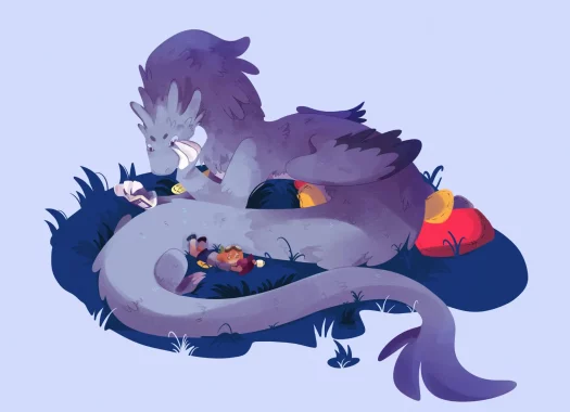 ilustración de una niña y un dragón leyendo juntas